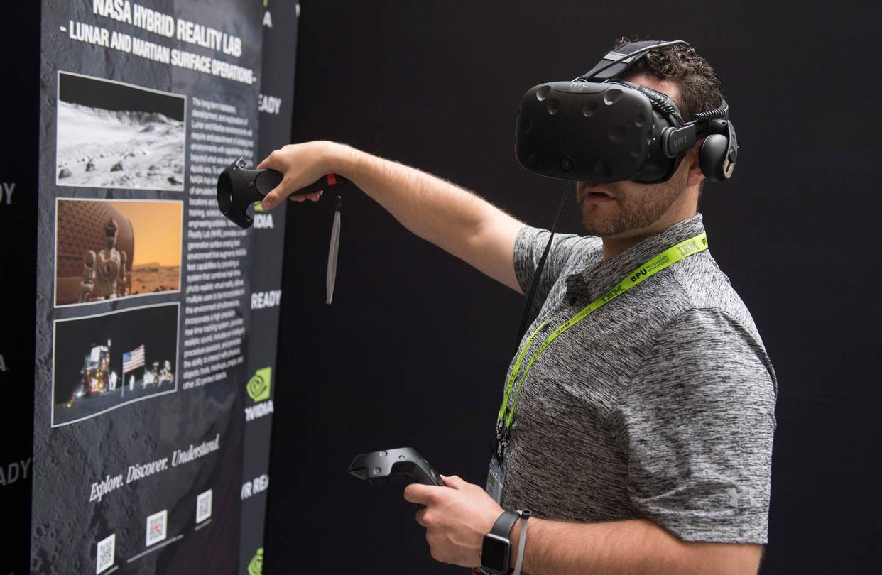 A demonstration of a virtual-reality headset at an Nvidia conference in November